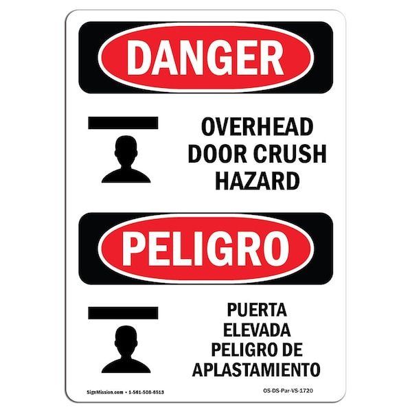 Safety Sign, OSHA Danger, 24" Height, Aluminum, Overhead Door Crush Hazard Spanish